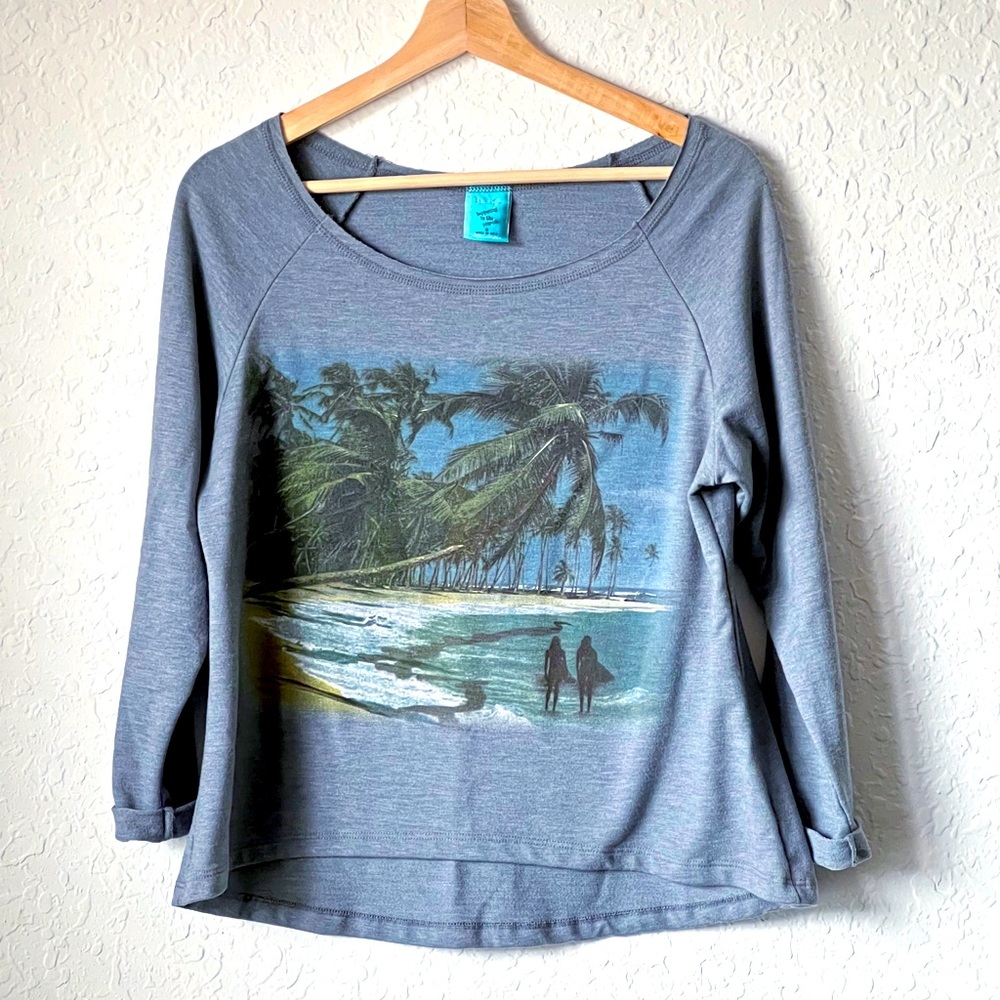 Happening in the Present H.I.P. sweathsirt with surfing summer beach screenprint
